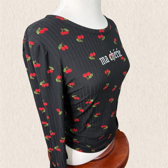 Y2K Rue21 Cherry Print “Ma Chérie” Ruched Long Sleeve Top Size M Grunge Punk‎ - Picture 3 of 8